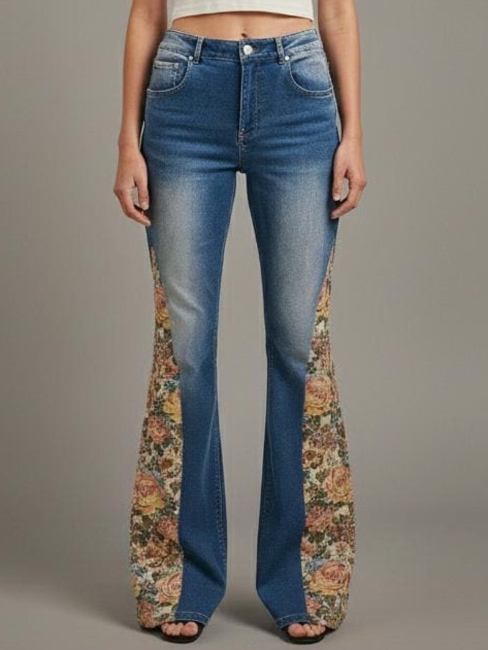 Silk & Lace Floral Tapestry Flare Jeans Cotton Denim Tall Inseam 34" - Picture 3 of 17